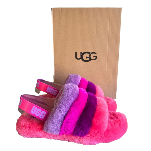 UGG Shoes - Ugg K Fluff Yeah Slide Pink Purple Rainbow Shoe Youth Size 6 or Women's 8 #B1103